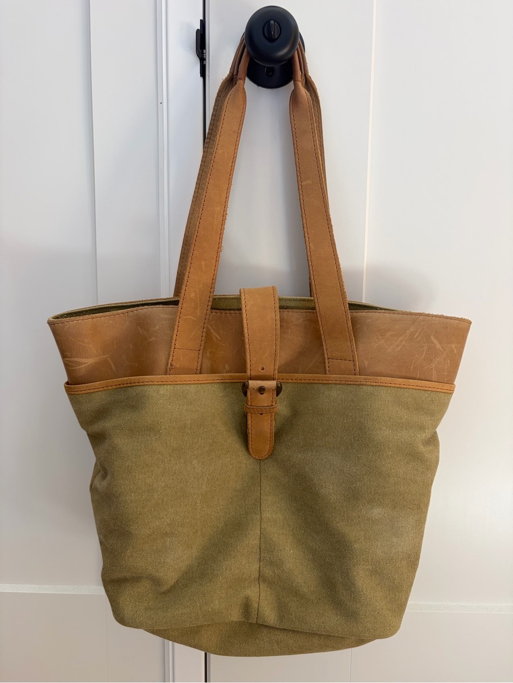 Vintage L.L. Bean Tote Bag Canvas Essential Tan Leather Handle Trim Classic